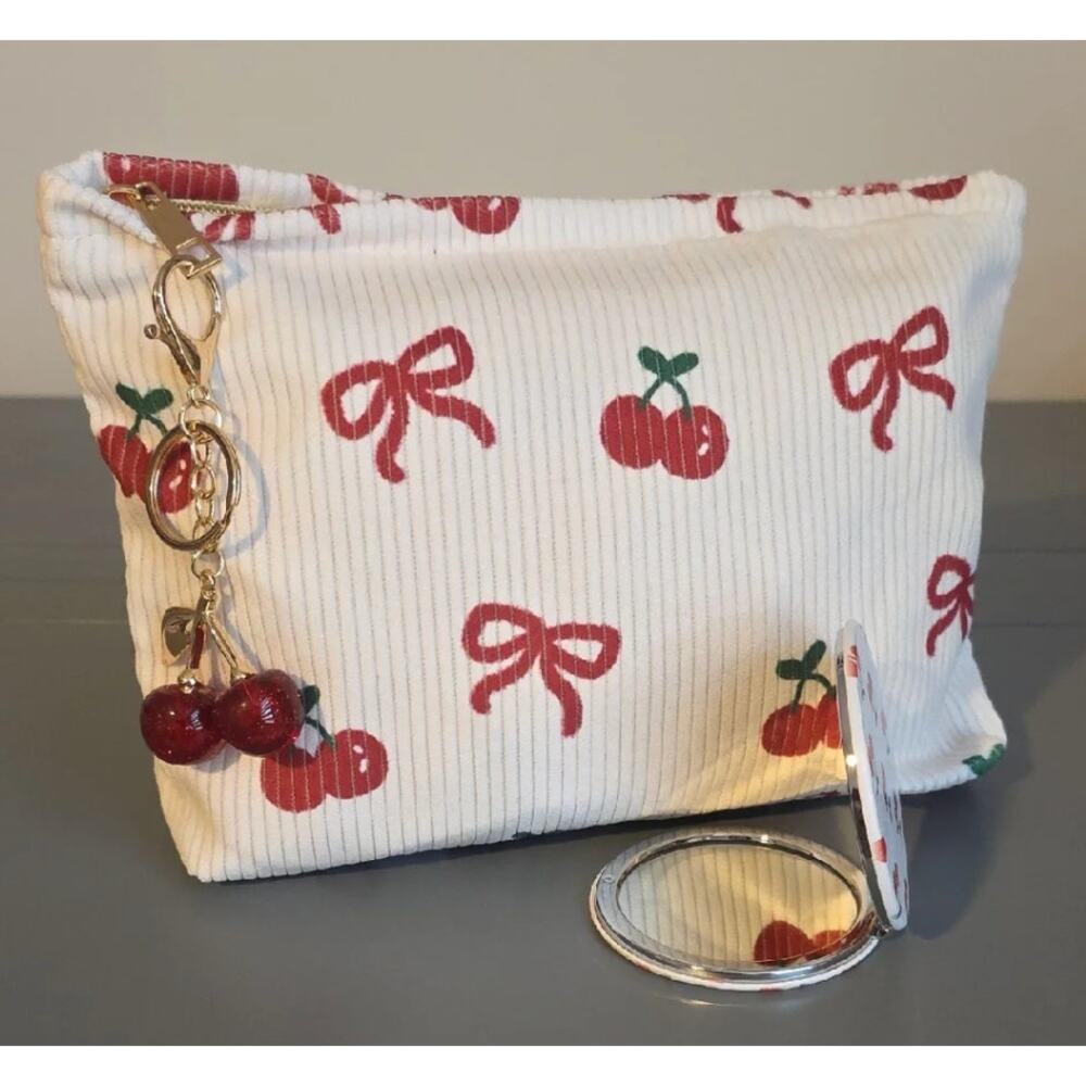 CHERRY Print Cosmetic Bag, Charm, and Mirror NEW